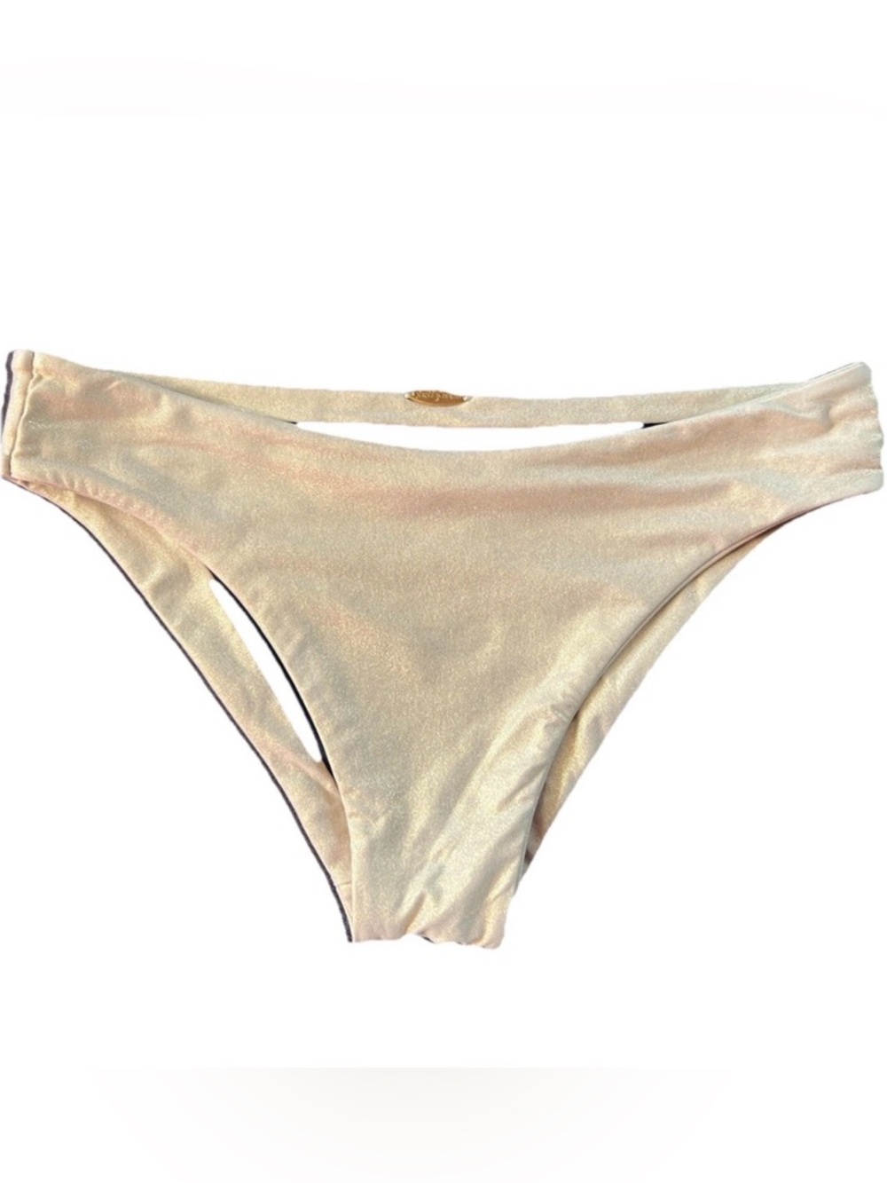 Luli Fama SZ M Gold Black Shimmery Reversible Bikini Bottom Gold Logo Plaque